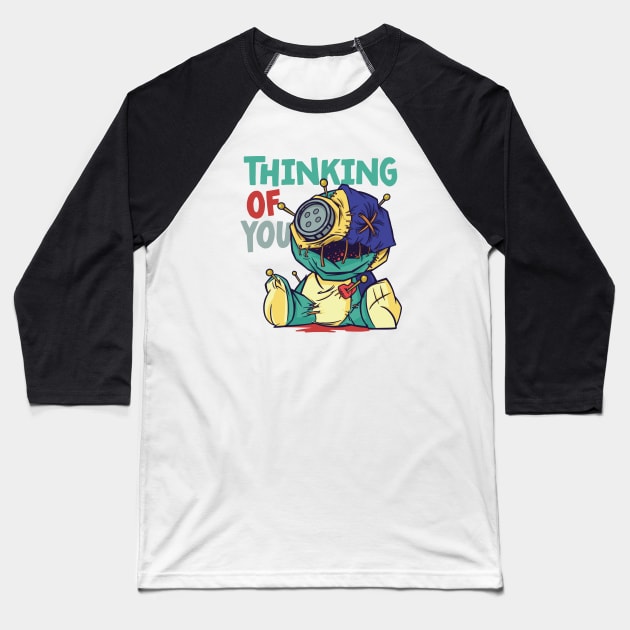 Thinking of You // Funny Voodoo Doll Cartoon Baseball T-Shirt by SLAG_Creative